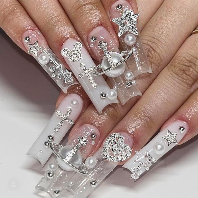 KACHIMOO 128 PCS Silver Nail Charms, Nail Gems Silver Rhinestones for Nails 3D Butterfly, Bow, Star,Crown,Cross,Dollar,Heart Shapes Y2K Accessories Nail Decor (17 Styles) - Image 3